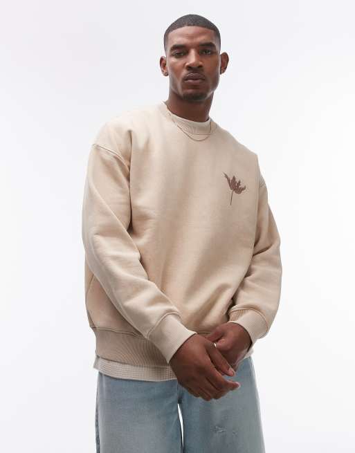 Sudadera color piedra extragrande con bordado floral en el pecho y la espalda de Topman, 2 de 4