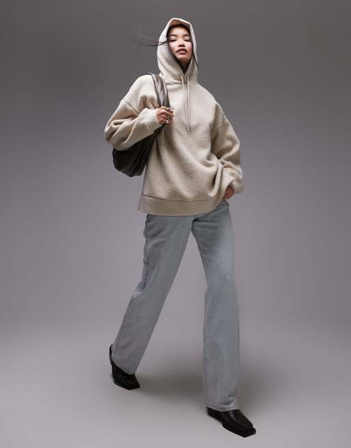 Sudadera color piedra extragrande con capucha de borreguito de Topshop