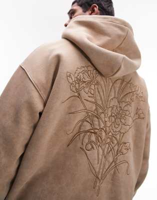 Sudadera color piedra extragrande con capucha y bordado floral en el pecho y la espalda de Topman
