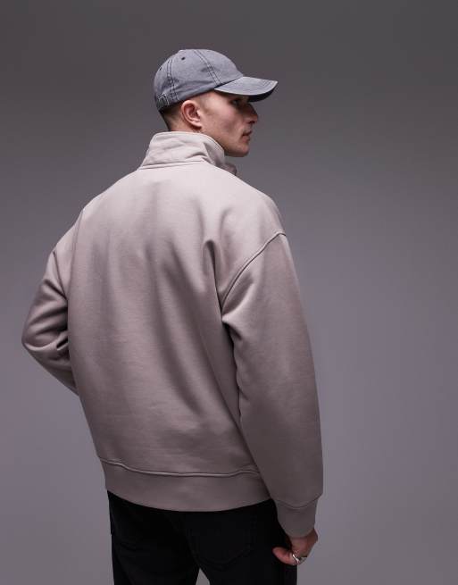 Sudadera color piedra extragrande con cremallera corta de tejido grueso premium de Topman, 4 de 4