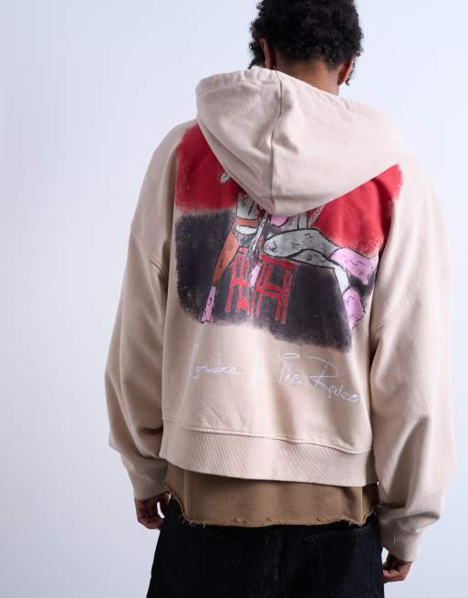 Sudadera color piedra lavado de corte cuadrado con capucha y estampado "Hotel Bar" en el pecho y la espalda de Mason Newman x Topman, 5 de 5