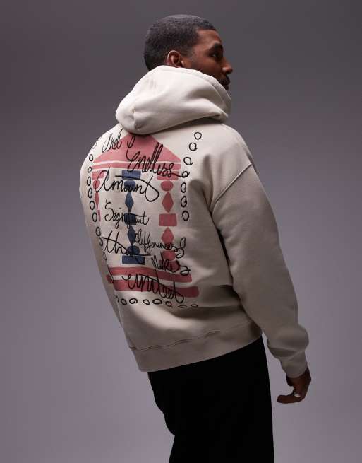 Sudadera color piedra lavado extragrande con capucha y bordado y estampado de columna en la parte delantera y trasera de Topman