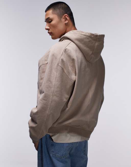 Sudadera color piedra lavado extragrande con capucha y detalle de pespuntes de Topman, 2 de 4