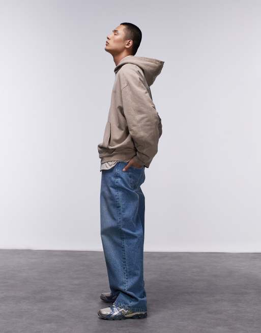 Sudadera color piedra lavado extragrande con capucha y detalle de pespuntes de Topman, 3 de 4