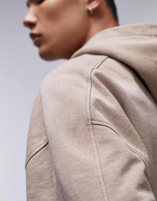 Sudadera color piedra lavado extragrande con capucha y detalle de pespuntes de Topman, 4 de 4