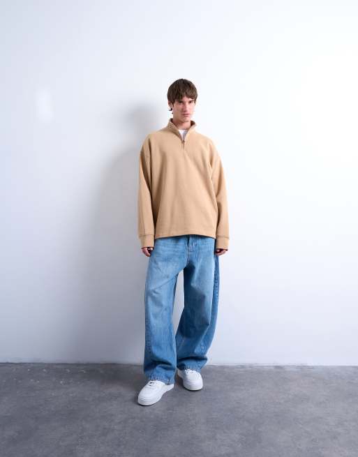 Sudadera color piedra oscuro extragrande con cremallera corta de tejido grueso de Topman, 2 de 5
