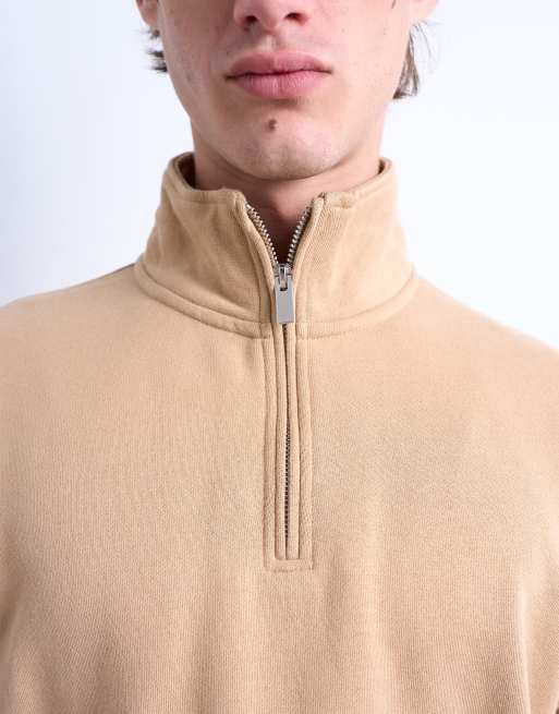 Sudadera color piedra oscuro extragrande con cremallera corta de tejido grueso de Topman, 4 de 5