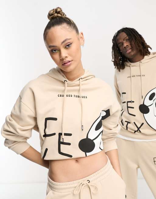 Sudadera color piedra unisex extragrande con capucha, logo grande y estampado gráfico de Crooked Tongues x Felix the Cat (parte de un conjunto)