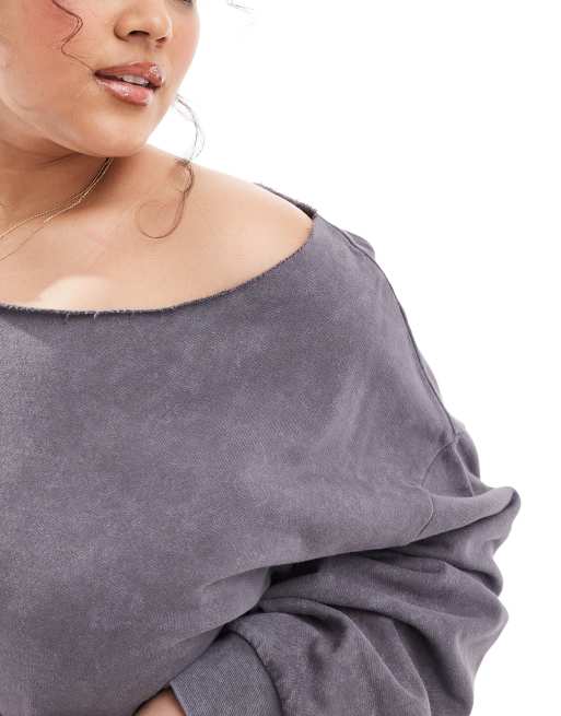 Sudadera color pizarra lavado con hombro caído de ASOS DESIGN Curve, 2 de 4