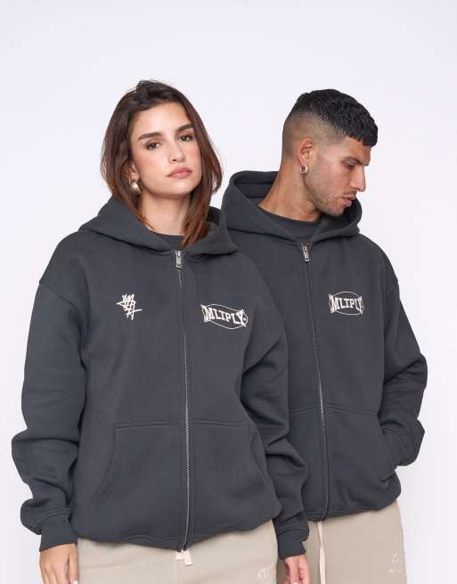 Sudadera color refresco negro extragrande con capucha, cremallera y estampado urbano de Multiply Apparel