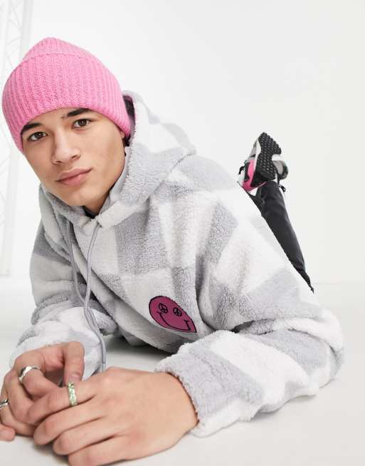 Sudadera con capucha a cuadros dameros grises y blancos extragrande para festivales de borreguito de ASOS DESIGN, 4 de 4