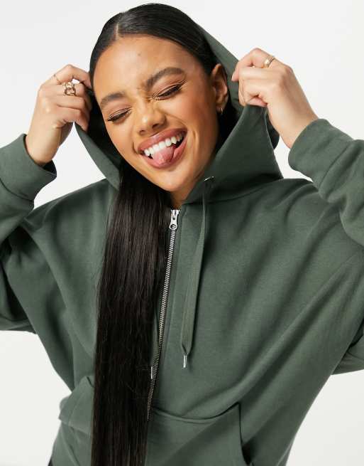 Sudadera con capucha extragrande caqui con cremallera completa de ASOS DESIGN