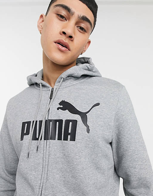 Sudadera con capucha gris básica con logo pequeño y cremallera de Puma