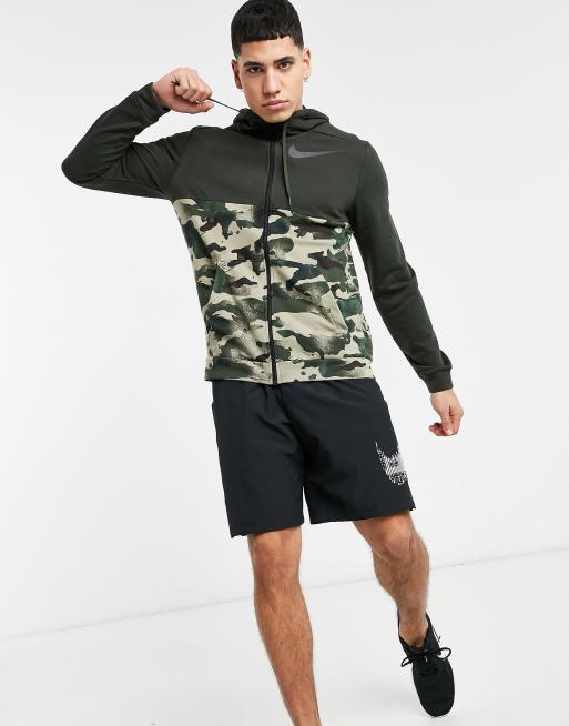 Sudadera con capucha verde con estampado de camuflaje y cremallera Dri-FIT de Nike Training