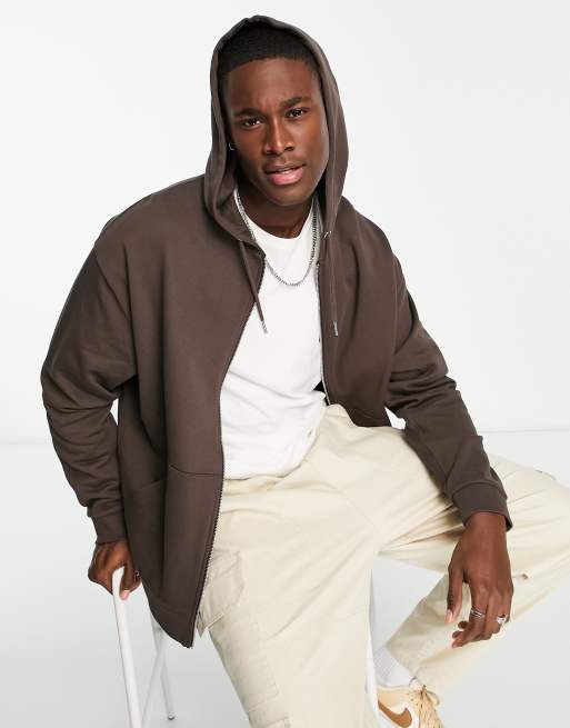 Sudadera con capucha y cremallera extragrande en marrón de ASOS DESIGN