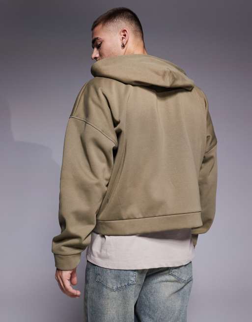 Sudadera corta caqui extragrande con capucha, sisas caídas, cremallera y forro de borreguito de ASOS DESIGN, 4 de 4