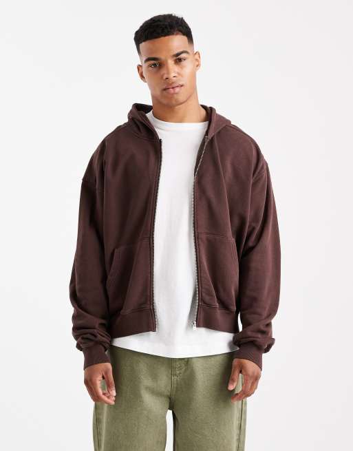 Sudadera corta color roble oscuro lavado con capucha y cremallera de Cotton On