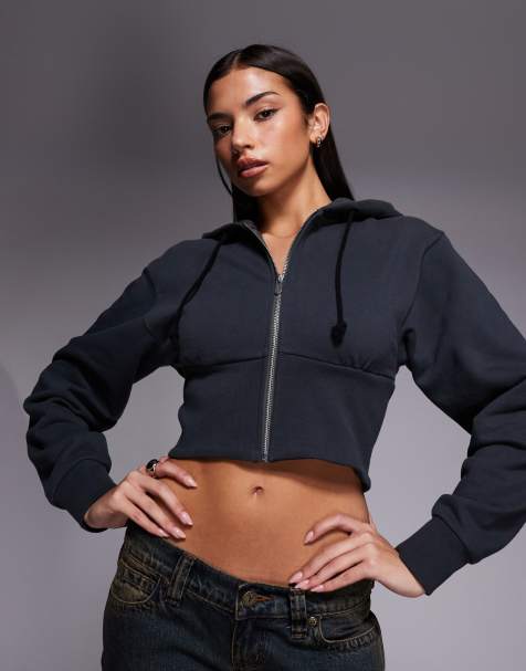 Sudadera corta gris carbón con capucha, cremallera y hombros caídos de Abrand Jeans - view 1