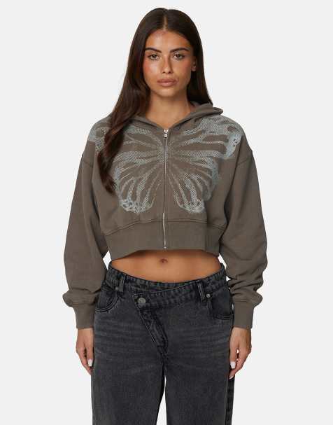 Sudadera corta marrón con capucha, estampado gráfico y cremallera de Good For Nothing - view 1