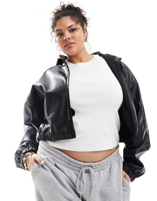 Sudadera corta negra con capucha y cremallera de poliuretano de ASOS DESIGN Curve