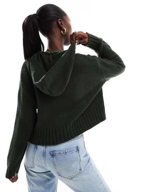 Sudadera corta verde oscuro con capucha y cremallera de punto de Aria Cove, 4 de 4