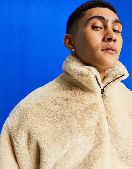 Sudadera crema extragrande con media cremallera de piel sintética de ASOS DESIGN (parte de un conjunto)