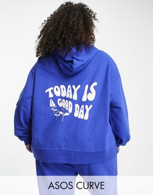Sudadera de estar por casa azul con capucha y texto 