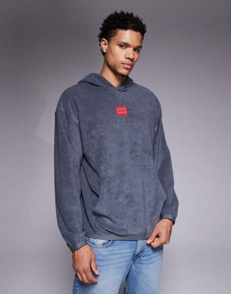 Sudadera de estar por casa gris oscuro holgada con capucha y logo central de tejido rizado de HUGO RED - view 1