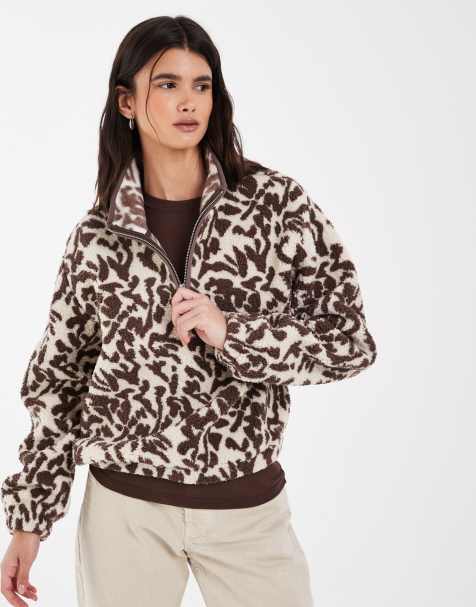 Sudadera de forro polar con media cremallera y estampado animal marrón - view 1