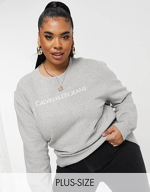 Sudadera de talla grande gris con cuello redondo y logo de Calvin Klein Jeans