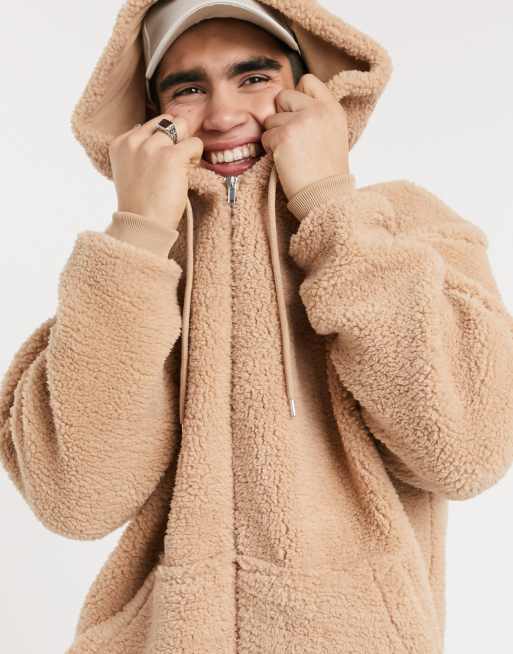 Sudadera extragrande con capucha y cremallera en borreguito beis de ASOS DESIGN