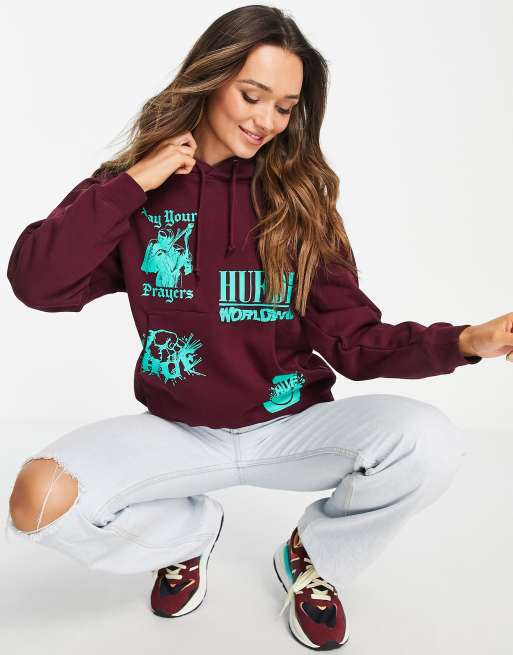 Sudadera extragrande con capucha y estampados gráficos en tono neón de HUF