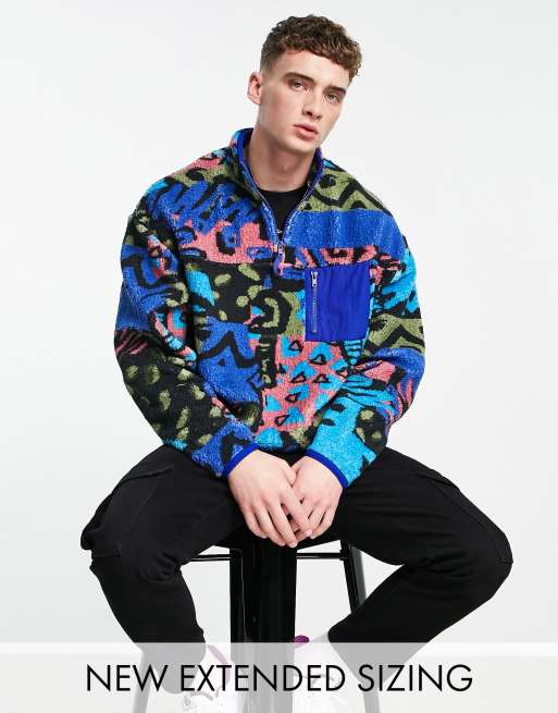 Sudadera extragrande con estampado integral y media cremallera de borreguito tipo peluche de ASOS DESIGN