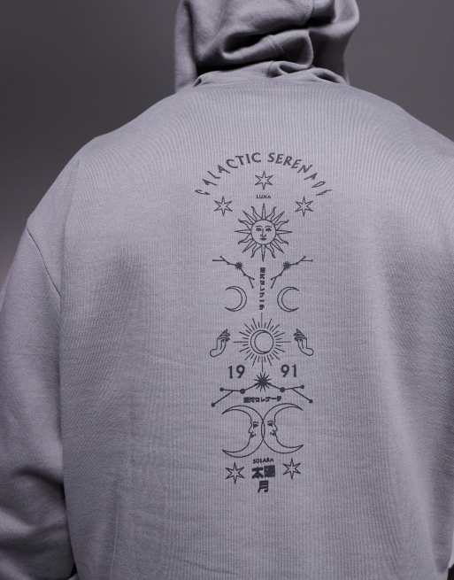 Sudadera gris carbón de corte cuadrado extragrande con capucha y estampado vertical en la parte trasera de ASOS DESIGN