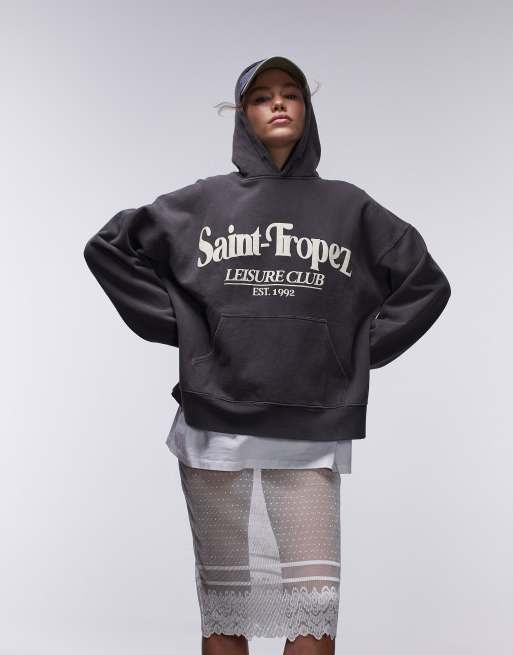 Sudadera gris carbón extragrande con capucha, lavado vintage y estampado gráfico 