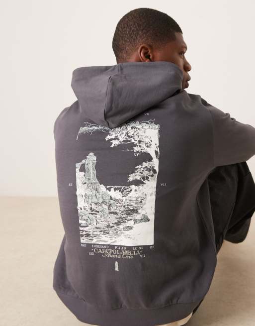 Sudadera gris carbón extragrande con capucha y estampado delantero y trasero de ASOS DESIGN