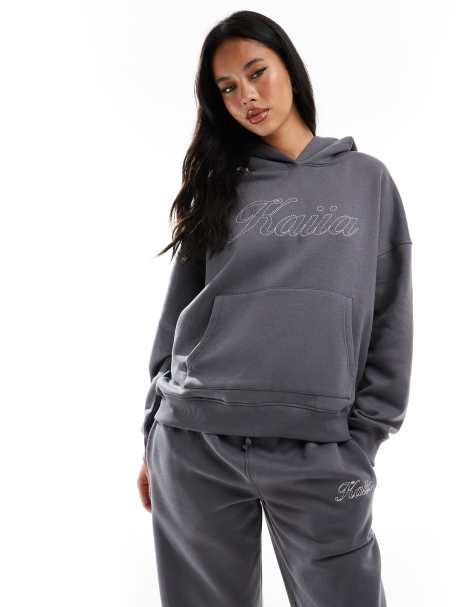Sudadera gris carbón extragrande con capucha y logo bordado de Kaiia (parte de un conjunto) - view 1