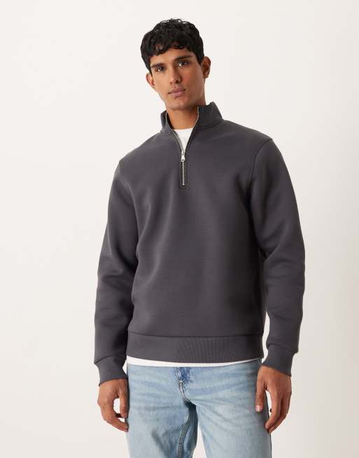 Sudadera gris carbón extragrande con cremallera corta de tejido grueso efecto neopreno de ASOS DESIGN