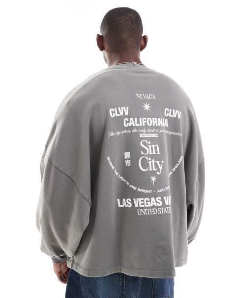 Sudadera gris carbón ultragrande con estampado en la espalda y bajo sobrehilado de ASOS DESIGN - view 1
