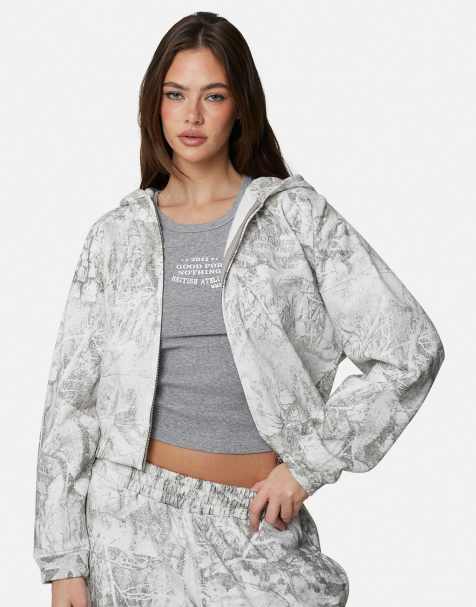 Sudadera gris claro holgada con capucha, cremallera, estampado de camuflaje y logo bordado de Good For Nothing - view 1