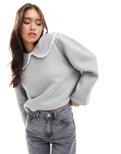 Sudadera gris claro jaspeado con ribete de encaje en las solapas de ASOS DESIGN - view 1