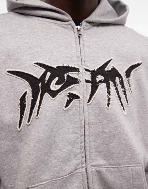 Sudadera gris con capucha, cremallera y gráfico cuadrado de Weekday, 3 de 5