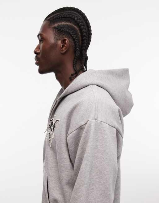 Sudadera gris con capucha, cremallera y gráfico cuadrado de Weekday, 5 de 5