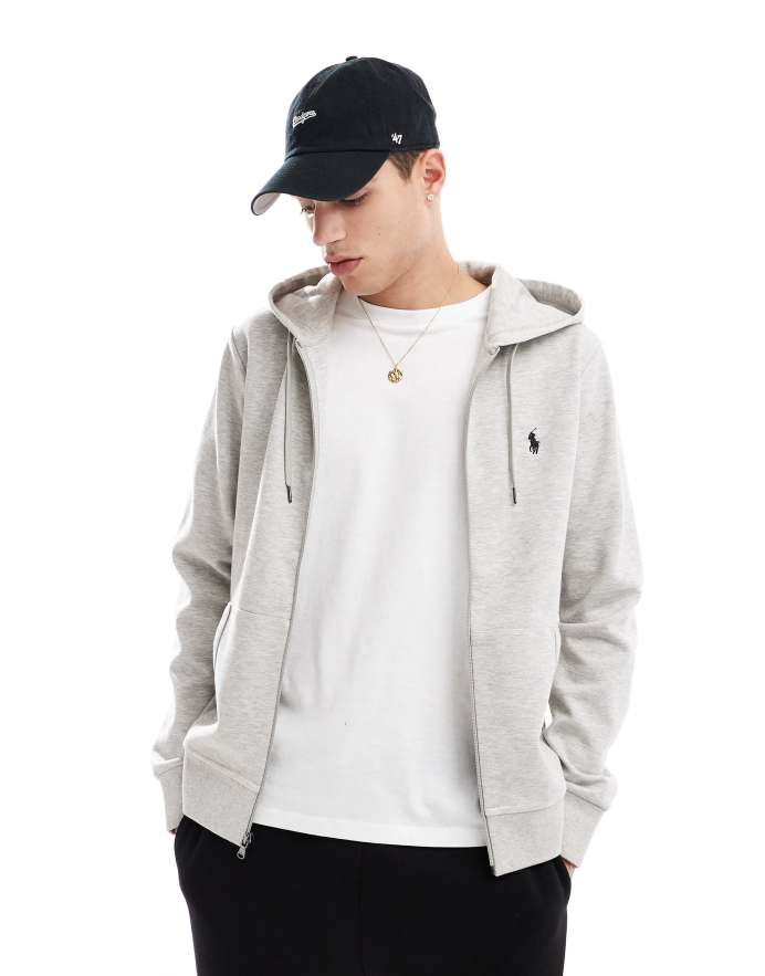 Polo Ralph Lauren Sudadera gris con capucha cremallera y logo de icono de punto doble Light Sport Heather/Black