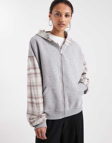 Sudadera gris con capucha, cremallera y patrón variado con cuadros de COLLUSION - view 1