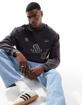 Sudadera gris con capucha, estampado en el pecho y lavado ácido de ASOS DESIGN - view 1