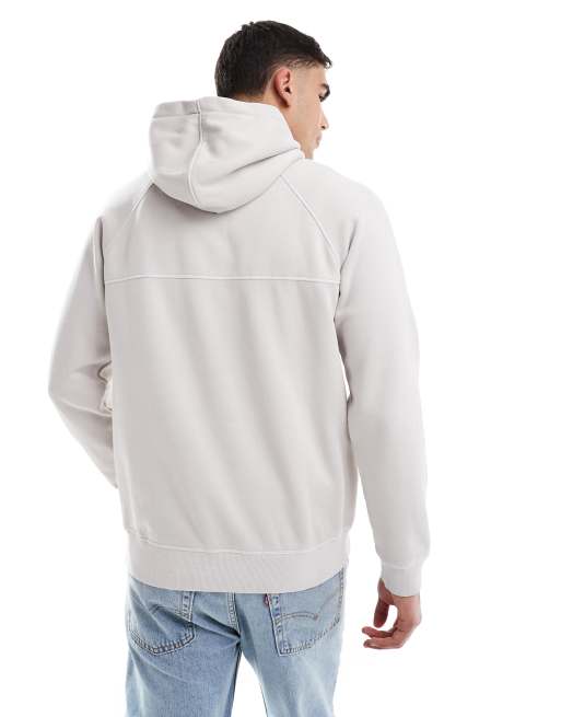 Sudadera gris con capucha, lavado ácido, mangas raglán y costuras