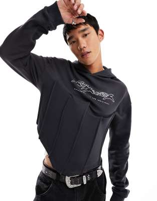 Sudadera gris con capucha, logo y diseño tipo corsé de COLLUSION