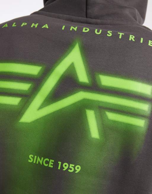 Sudadera gris con capucha y estampado efecto aerografiado en la espalda de Alpha Industries, 5 de 5