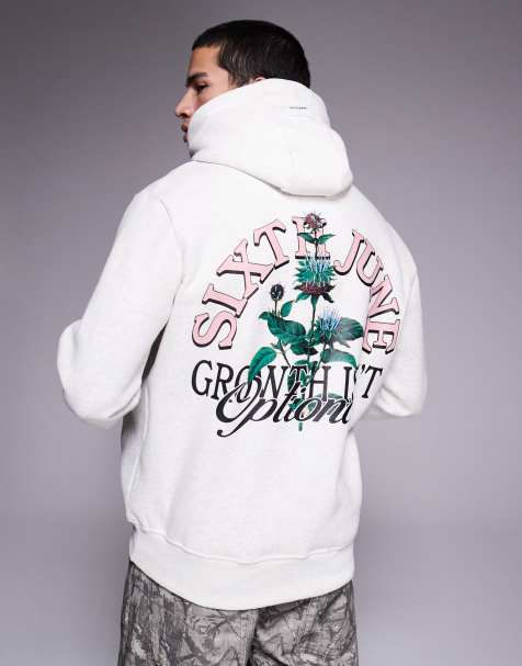 Sudadera gris con capucha y logo botánico estampado en la espalda de Sixth June - view 1